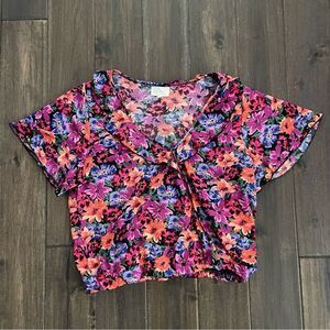 Melloday Bright Floral Ruffle Flutter Sleeve Blouse S